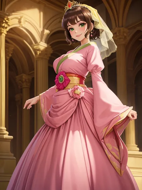 masterpiece, best quality:1.2), 1girl, smile, looking at viewer, green eyes, short brown hair, princess, princess dress, wearing puffy pink ballgown reaching the floor, green kimono, golden tiara with veil, standing in ballroom of medieval castle