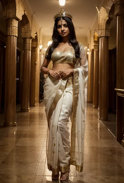 Beautiful Indian woman wearing a saree and crown, standing 