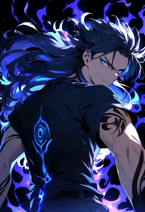 Teenage boy, raised hair, long hair, shiny dark blue hair, serious face, Simple smile, bright dark blue eyes black loose ripped short sleeve shirt, black gloves, tattoos on the body, intense blue electric aura