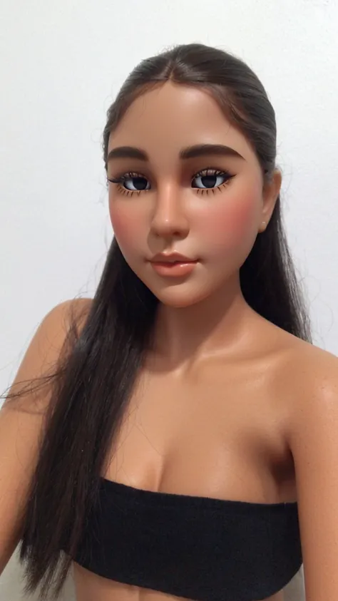 Blythe doll, chubby girl, round face, brunette, Mole under the right eye, dark brown eyes and a little slanted and not very small, black hair, thick lips, updo hair 