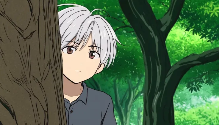 Young  white hair stylist boy ayush(anime style) "A boy hiding behind a tree, looking anxious and thoughtful."( Anime style)