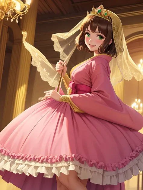 masterpiece, best quality:1.2), 1girl, smile, looking at viewer, green eyes, short brown hair, princess, princess dress, wearing puffy pink ballgown reaching the floor, green kimono, golden tiara with veil, standing in ballroom of medieval castle