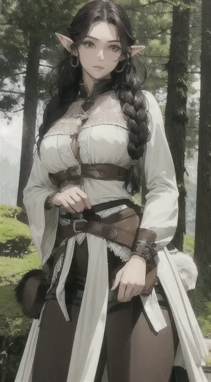 (masterpiece, best quality),(((Full and soft breasts,)))(((Huge breasts))) (((Cleavage))) (Perfect curvy figure) A beautiful elf ranger patrols the mysterious forest with his giant dire wolf companion, Detailed Ranger Armor, Braided Hair, Perfect face, Pre...