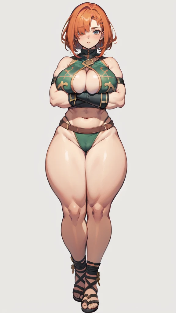 (masterpiece), best quality, female warrior, huge girl, female muscular:1.2, hair over one eye, ginger hair, massive breast, curvy, ((thick thighs:1.5)), (((blank background))), ((full body)), fingerless gloves, sandals, sleeveless, covered nipples, (under...