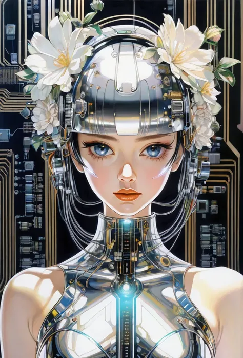 Portrait of beautiful lady with flower crown and electronic circuit dress , all with the style of Hajime Sorayama.