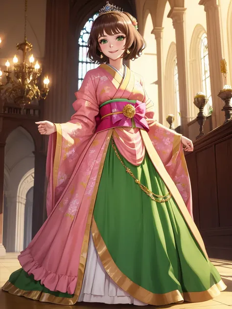 masterpiece, best quality:1.2), 1girl, smile, looking at viewer, green eyes, short brown hair, princess, princess dress, wearing puffy pink ballgown reaching the floor, green kimono, golden tiara with veil, standing in ballroom of medieval castle