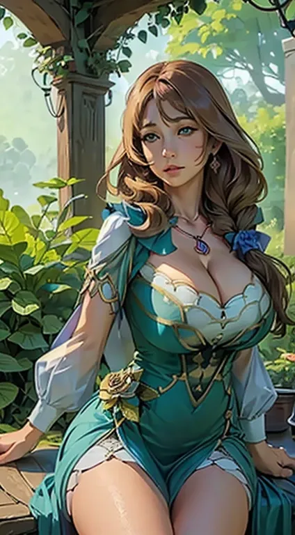 (((Full and soft breasts,)))(((Huge breasts))) (((Cleavage))) (Perfect curvy figure)Beautiful and delicate eyes,Delicate lips,Girl in the garden,Soft lighting, Oil painting style,Vibrant colors,Peaceful Expression, floating dress, Greenery around, Tranquil...