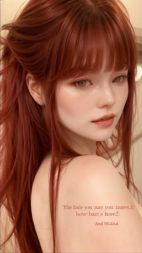 there is a red-haired Korean woman posing for a photo, brown hair and bangs, smooth red skin, pale red, fair and pale skin!!, neat hair with bangs, smooth and pale skin, Beautiful Delfina, with pale skin, pale and soft white skin, Red head, soft red hair, ...