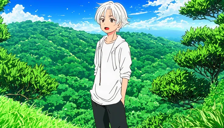 Young  white hair stylist boy ayush(anime style) "A boy on a hilltop surrounded by trees and bushes, looking amazed and confused."(Anime )