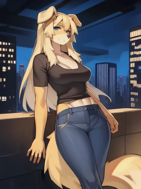 (by telson:1.1),by zeekzag,by chelodoy,masterpiece,best quality,city,golden retriever,athletic,medium breasts,long hair,jeans,shirt,fluffy tail