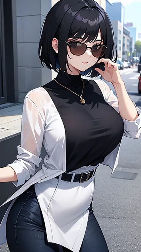 Woman with straight and short black hair. Wearing black jeans and a white blouse with sunglasses 