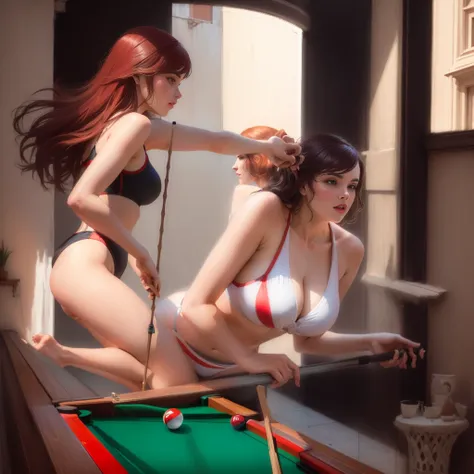 two women in bathing suits throwing snooker in a varanda, balcony wall, throwing em mesa de  snooker, new, pose 4 de 16, if you&#39;re going to a snooker table , holding snooker cue, balcony type area, latina, profile image, profile image, fun pose, porch ...