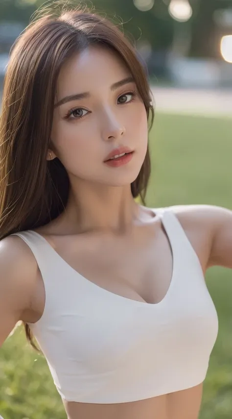 ((Realistic lighting, Best quality, 8K, Masterpiece: 1.3)), Clear focus: 1.2, 1girl, Perfect beauty: 1.4, Slim abs: 1.1, ((Dark brown hair)), (White crop top: 1.4), (Outdoor, Night: 1.1), Park view, Super fine face, Fine eyes, Double eyelids,