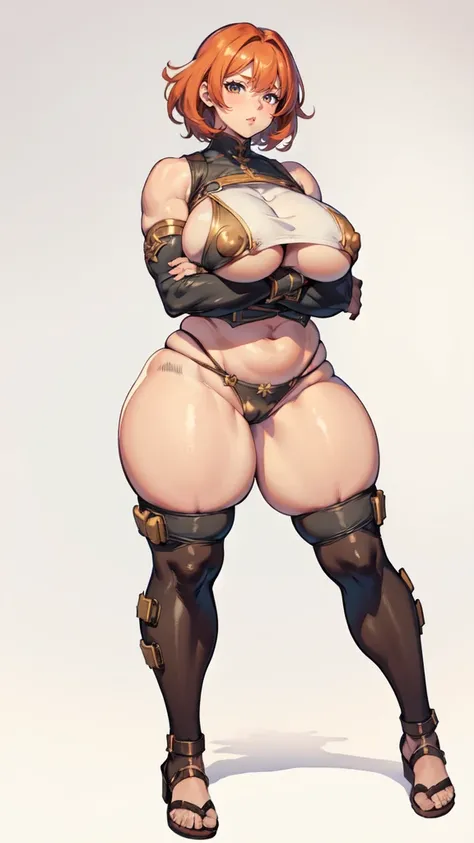 (masterpiece), best quality, female warrior, huge girl, female muscular:1.2, hair over one eye, ginger hair, massive breast, curvy, ((thick thighs:1.5)), (((blank background))), ((full body)), fingerless gloves, sandals, sleeveless, covered nipples, (under...