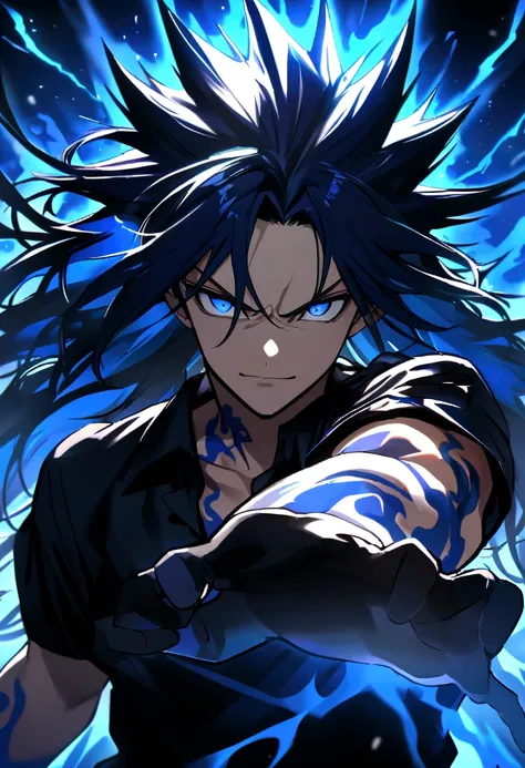 Teenage boy, spiky hair, long hair, shiny dark blue hair, serious face, Simple smile, bright dark blue eyes black loose ripped short sleeve shirt, black gloves, blue tattoos on the body, intense blue electric aura