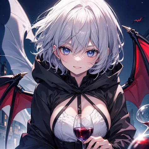 ((((vampire　inflammation))))　(((Gray Hair　short hair　blue eyes　woman　Center close-up　wine glass)))，((night　full moon　My own big wings　Town))，(Wearing a hood　Black camisole　Purple light　Wearing a cloak)，　Creepy Smile　Showing teeth　Shining Background　Shining...