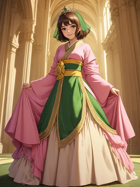 masterpiece, best quality:1.2), 1girl, smile, looking at viewer, green eyes, short brown hair, princess, princess dress, wearing puffy pink ballgown reaching the floor, green kimono, golden tiara with veil, standing in ballroom of medieval castle