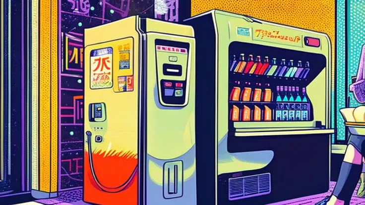 lo-fi style anime illustration, best qualityer, work of art, ultra high resolution, aesthetic lofi illustration of a street soda machine from japan