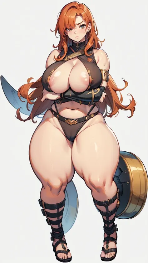 (masterpiece), best quality, female warrior, huge girl, female muscular:1.2, hair over one eye, ginger hair, massive breast, curvy, ((thick thighs:1.5)), (((blank background))), ((full body)), fingerless gloves, sandals, sleeveless, covered nipples, (under...