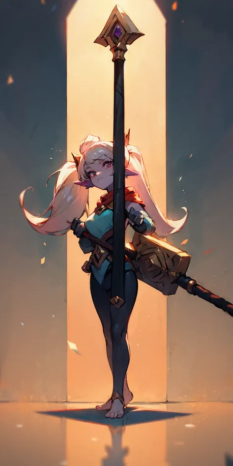 Female full body standing straight symmetrical, slave barefoot fantasy village, Poppy, Keeper of the Hammer (League of Legends)