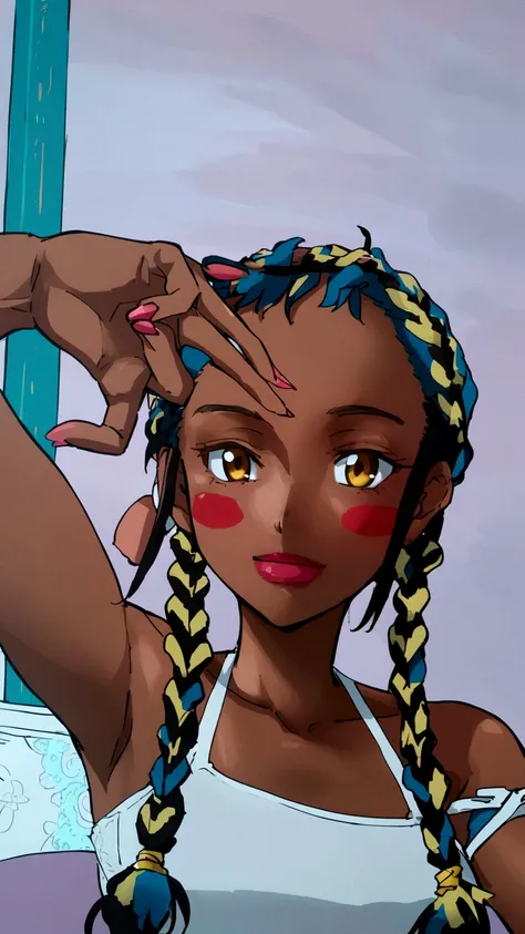 Black girl, braids, small dinners, 16 years, A white blouse, beautiful, anime style 