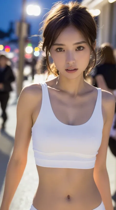 ((Realistic lighting, Best quality, 8K, Masterpiece: 1.3)), Clear focus: 1.2, 1girl, Perfect Figure: 1.4, Slim Abs: 1.1, ((Dark brown hair)), (White crop top: 1.4), (Outdoor, Night: 1.1), City streets, Super fine face, Fine eyes, Double eyelids,