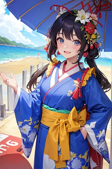 a beautiful smiling woman in a kimono greets people with a cheerful "good morning" as her arms open under the blue sky