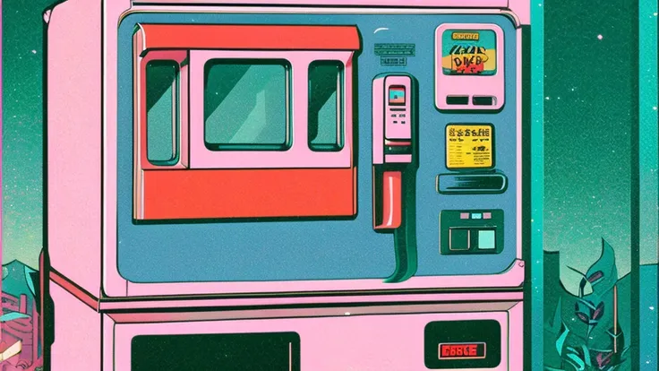 lo-fi style anime illustration, best qualityer, work of art, ultra high resolution, aesthetic lofi illustration of a street soda machine from japan, light flashy pastel colors, eyeshadows