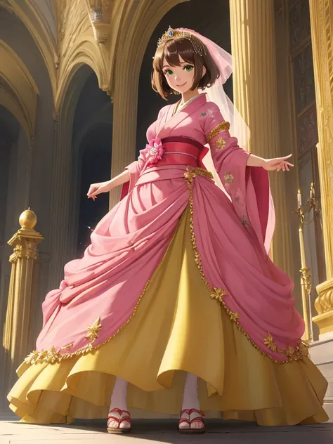 masterpiece, best quality:1.2), 1girl, smile, looking at viewer, green eyes, short brown hair, princess, princess dress, wearing puffy pink ballgown reaching the floor, green kimono, golden tiara with veil, standing in ballroom of medieval castle