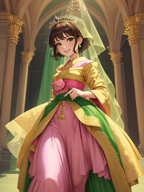 masterpiece, best quality:1.2), 1girl, smile, looking at viewer, green eyes, short brown hair, princess, princess dress, wearing puffy pink ballgown reaching the floor, green kimono, golden tiara with veil, standing in ballroom of medieval castle