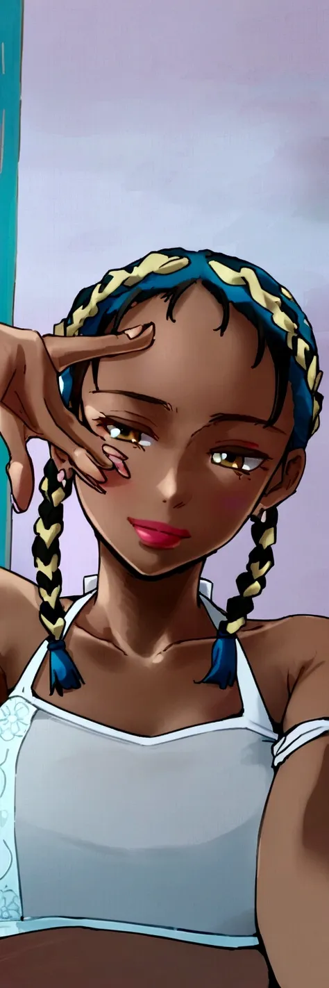 Black girl, braids, small dinners, 16 years, A white blouse, beautiful, anime style 