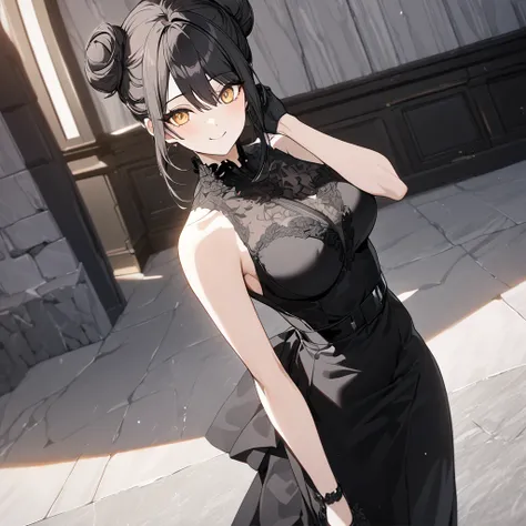 A woman wearing a sophisticated black dress, exposed shoulders, large breasts, black hair, hair buns, yellow eyes, standing outside a sophisticated mansion, concrete floor, marble wall, daytime, smiling, black gloves . black heels,UHD , prime work , accura...