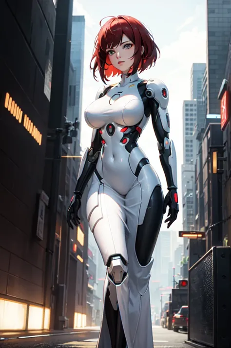 ((best quality)), ((masterpiece)), (detailed), Ghost in the Shell, tron Legacy, cyborg, elegant woman, cyborg, long dress, big breasts, short red hair, coloured