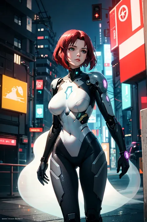 ((best quality)), ((masterpiece)), (detailed), Ghost in the Shell, tron Legacy, cyborg, elegant woman, cyborg, big breasts, short red hair, coloured