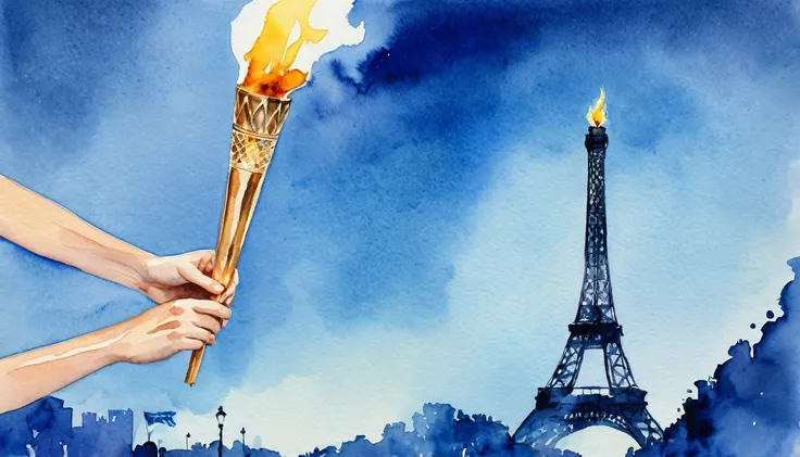 Watercolor painting of the Olympic torch on a blue background, commemorating the 2024 Olympic Games in France, in Paris. Scene of awarding and presenting medals with copy space