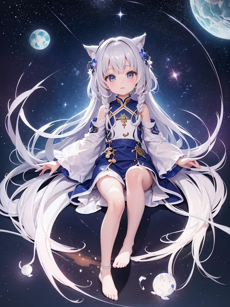 Little Loli，masterpiece, high resolution, best quality, Very detailed,wallpaper，Space starry sky background，Cute and cute，A body made of white jade，Silver long hair，Height one meter five，V-shaped jumpsuit，Full body picture,No shoes，Very small feet，Feet mad...