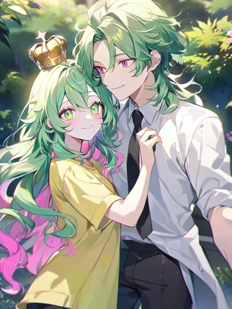 Man with light green neón eyes, tousled light neón  green hair. Dressed in a white shirt and black tie, black pants and a small golden crown on his head. smiling. Holding the hand of a woman with white skin, pink neon eyes, long wavy hair with an open neon...