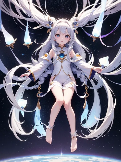 Little Loli，masterpiece, high resolution, best quality, Very detailed,wallpaper，Space starry sky background，Cute and cute，A body made of white jade，Silver long hair，Height one meter five，V-shaped jumpsuit，Full body picture,No shoes，Very small feet，Feet mad...