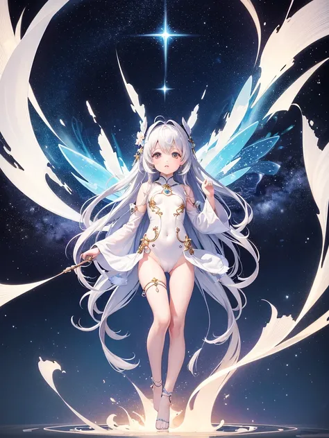 Little Loli，masterpiece, high resolution, best quality, Very detailed,wallpaper，Space starry sky background，Cute and cute，A body made of white jade，Silver long hair，Height one meter five，V-shaped jumpsuit，Full body picture,No shoes，Very small feet，Feet mad...