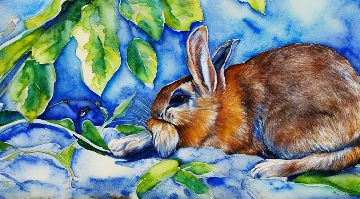 Sleeping rabbit　Emotional watercolor painting　so beautiful　Ultra high quality　Fantasy　Blue image