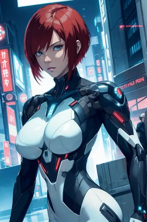 ((best quality)), ((masterpiece)), (detailed), Ghost in the Shell, tron Legacy, cyborg, elegant woman, cyberpunk, big breasts, short red hair, coloured body