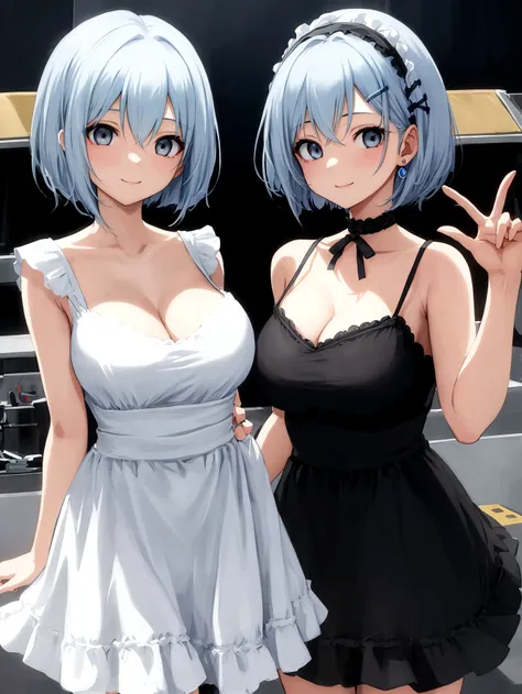 Highest quality、High resolution、masterpiece、Cute anime-style illustrations、One image、One Woman、Light blue hair、Short Bob、Grey Eyes、White Cami Dress、Big Breasts、Stylish older sister、smile、city


