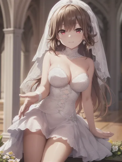 A girl，Long hair, Bangs, Orange Hair, Hair between the eyes, (Red Eyes:1.5),  (Large Breasts:1.2), 
rest  锁骨, Wedding dress，veil，wedding，White Dress，Flowers，The skirt is broken，White socks，Tights，Black knee socks，
Looking at the audience, whole body,Put yo...