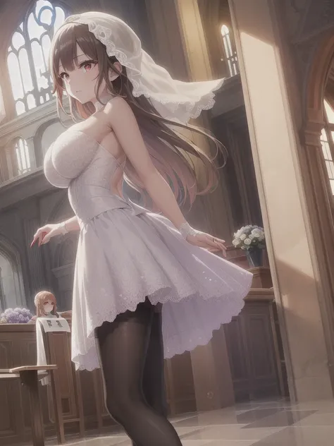 A girl，Long hair, Bangs, Orange Hair, Hair between the eyes, (Red Eyes:1.5),  (Large Breasts:1.2), 
rest  锁骨, Wedding dress，veil，wedding，White Dress，Flowers，The skirt is broken，White socks，Tights，Black knee socks，
Looking at the audience, whole body,Put yo...