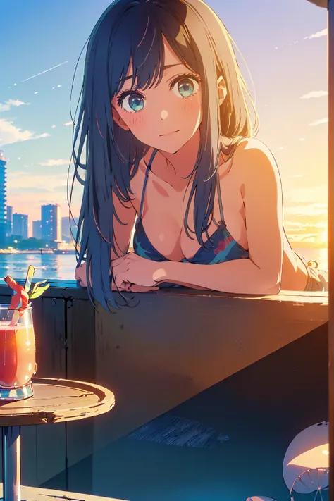 (Highest quality:1.4、masterpiece:1.4、Super detailed:1.4、8K:1.4)、F cup bust、Big Breasts、Slim body、((((1 person、Surprised expression、sit、In the background are the urban buildings of Tokyo、looking at the camera、Outdoor café terrace、coastal、Navy hair color、Sho...