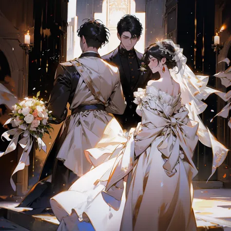 Wedding scene，The bride in a white wedding dress is walking towards me with a bouquet of flowers，Groom with his back to the camera，Black Hair，Cold expression