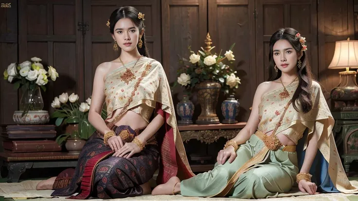 (raw photos:1.2), (realistic:1.4), (Masterpiece:1.3), (best quality:1.4), Ultra high resolution, (Detailed eyes), (Detailed facial features), (Detailed clothing features), HDR, 8k resolution, Focus only, Dressing according to Thai tradition, Traditional sh...