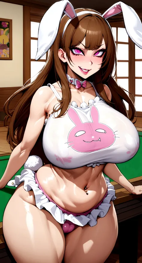 big lips, Brown hair, pink eyes, japanese face, improve, improve grin, two sides up, huge breasts, Wide hips, sexy, detailed, room, Hits, (evil smile1.4), kawaii, bunny skirt, GOOD, rabbit costume, bunny skirt, bunny shirt, bunny choker, bunny skirt, bunny...