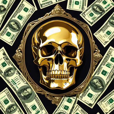 A shiny gold skull with silver accents and diamond studs sitting upright turned slightly to the side surrounded by floating dollar bills on a black background. The artwork features detailed textures on the skull and bills, capturing a dark and eerie vibe.