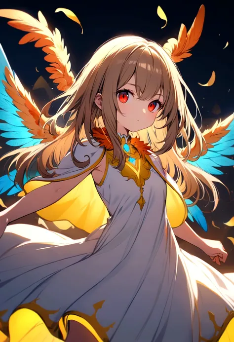 bird girl, white shoulder length hair, red eyes, orange feathered collar, white dress, blue wings instead of arms, small brown wings with yellow edges on shoulders